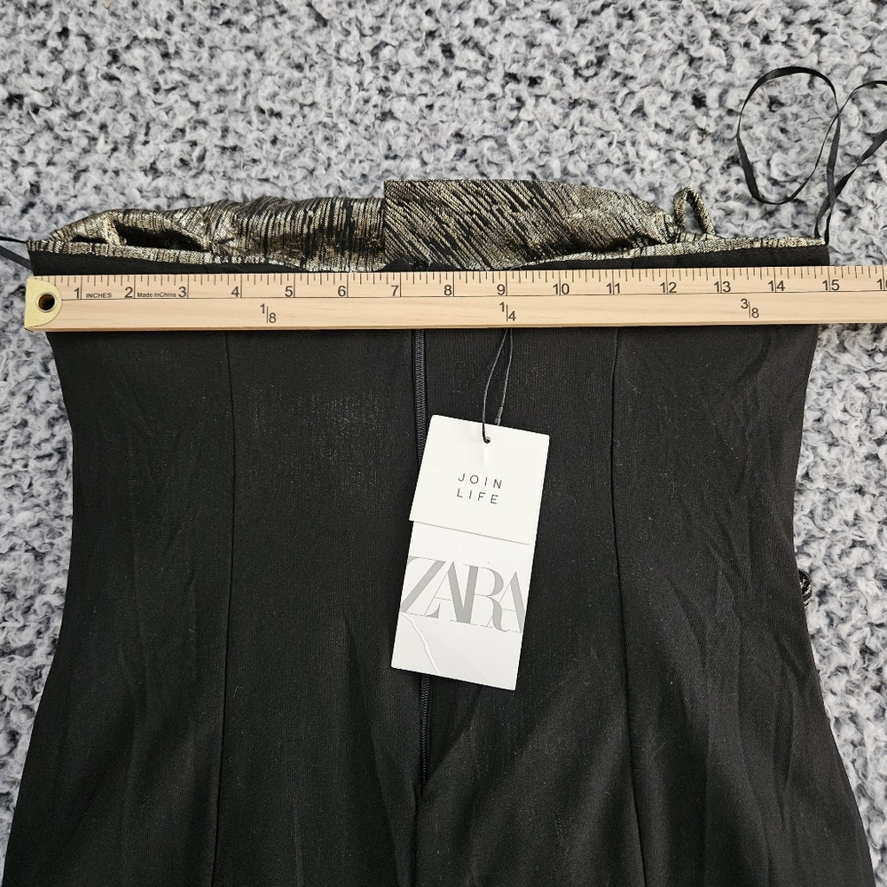 Zara Gold Metallic Mini Dress S Small Sleeveless Ruffled Bow Holiday Party - Picture 10 of 14